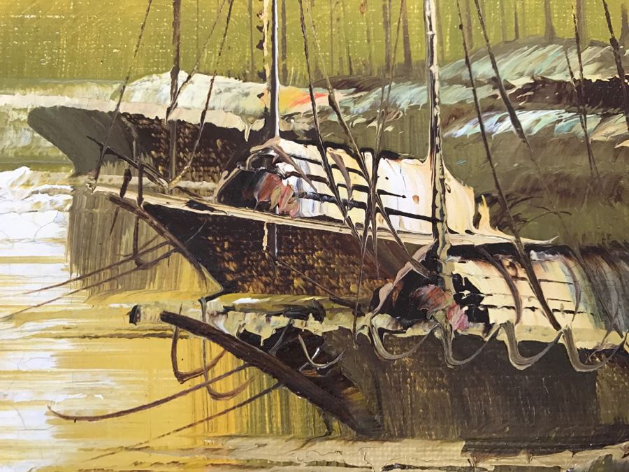 Vintage Original Oil Painting On Board Of Ship Harbour Scene Signed DALE [Photo 9]