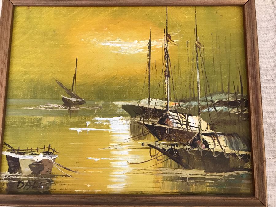 Vintage Original Oil Painting On Board Of Ship Harbour Scene Signed DALE [Photo 6]
