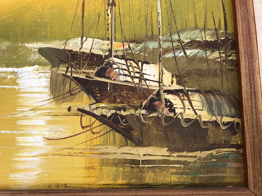 Vintage Original Oil Painting On Board Of Ship Harbour Scene Signed DALE [Photo 7]