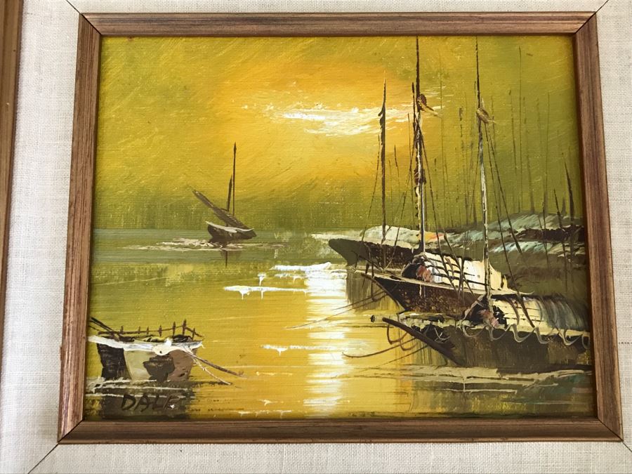 Vintage Original Oil Painting On Board Of Ship Harbour Scene Signed DALE [Photo 2]