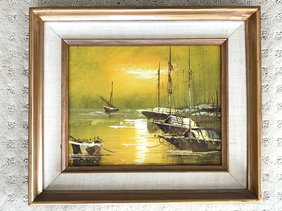 Vintage Original Oil Painting On Board Of Ship Harbour Scene Signed DALE