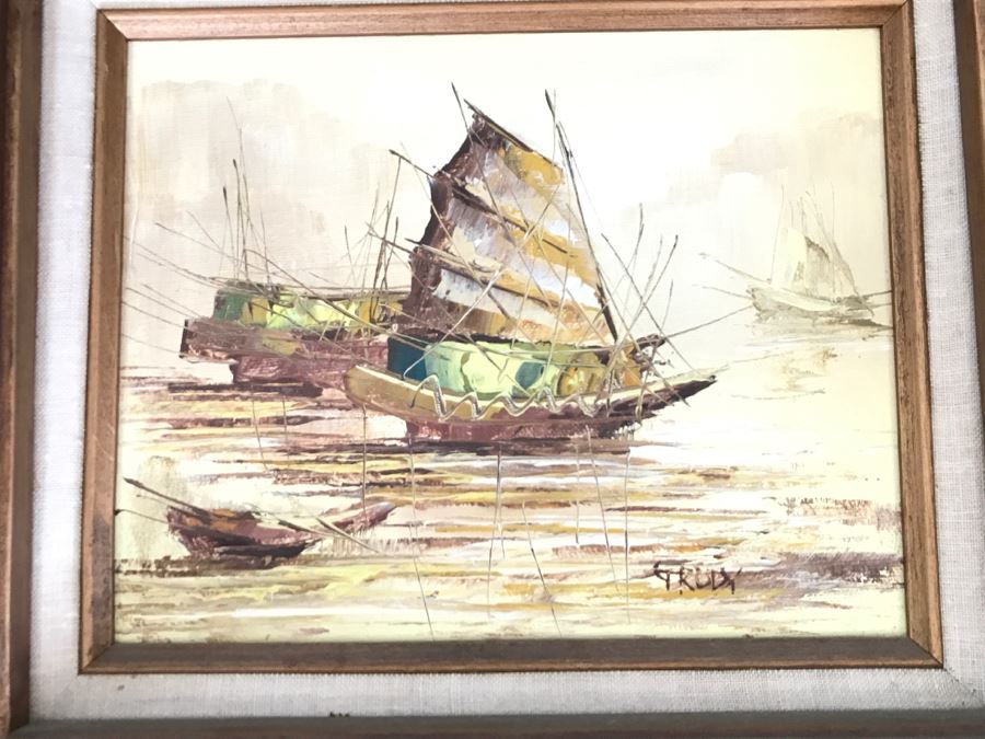 Vintage Original Oil Painting On Board Of Ship Harbour Scene Signed GRODY [Photo 3]