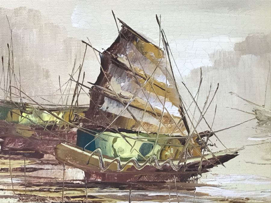 Vintage Original Oil Painting On Board Of Ship Harbour Scene Signed GRODY [Photo 6]