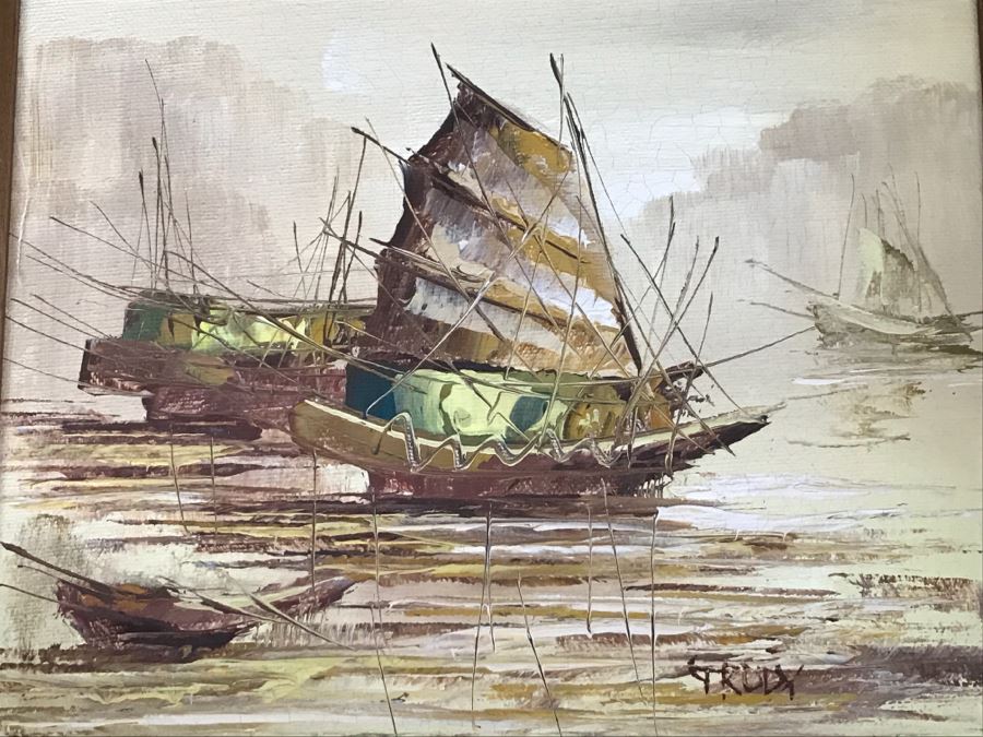 Vintage Original Oil Painting On Board Of Ship Harbour Scene Signed GRODY [Photo 11]