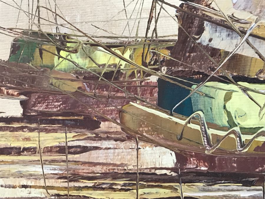 Vintage Original Oil Painting On Board Of Ship Harbour Scene Signed GRODY [Photo 8]