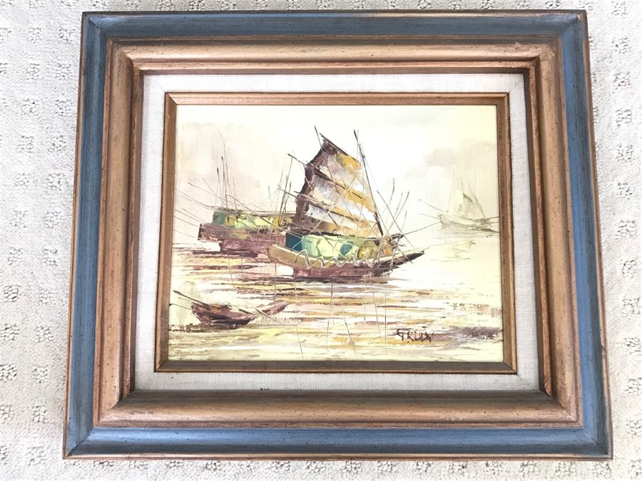 Vintage Original Oil Painting On Board Of Ship Harbour Scene Signed GRODY