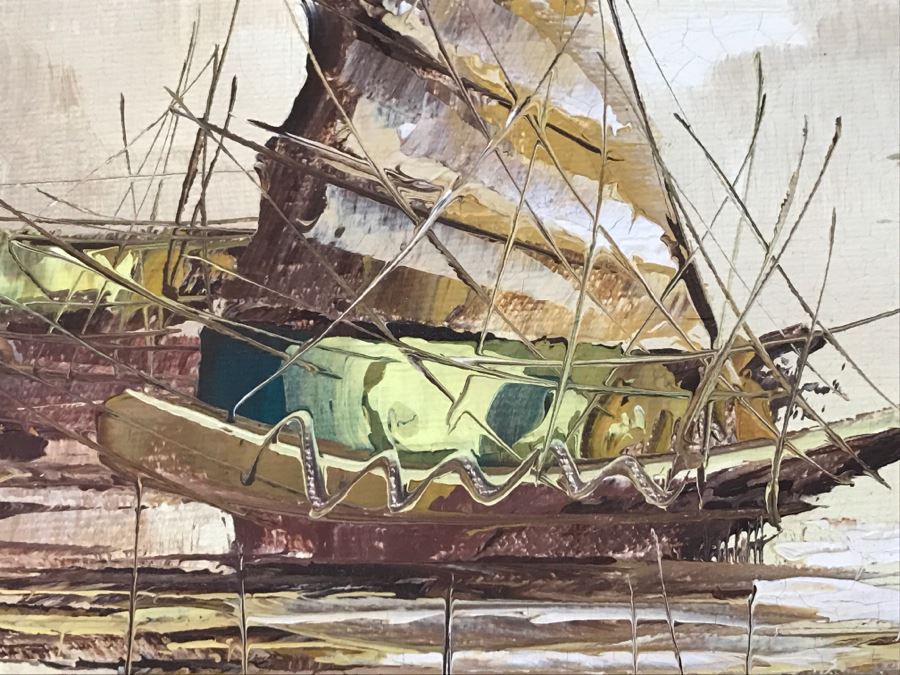 Vintage Original Oil Painting On Board Of Ship Harbour Scene Signed GRODY [Photo 12]