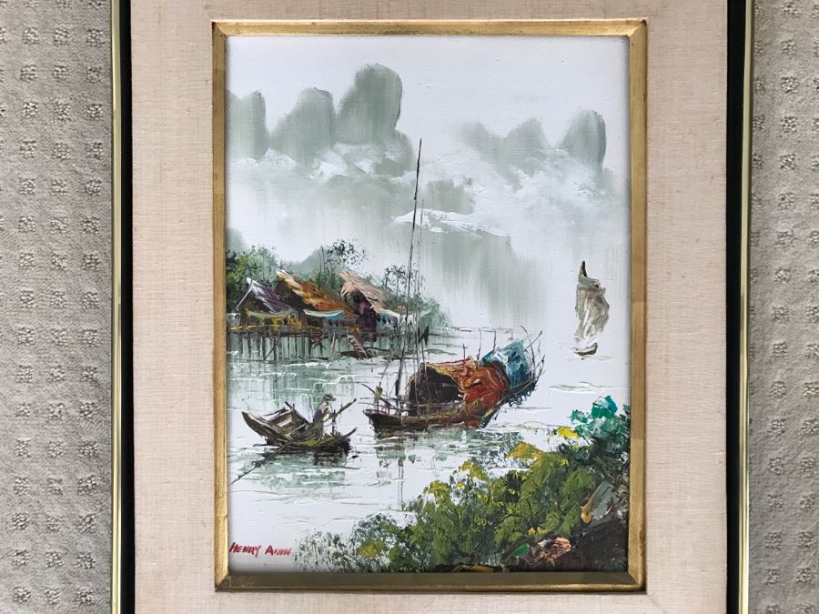 Original Oil Painting By Henry Anin Of Japanese Harbor Scene