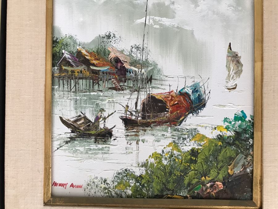 Original Oil Painting By Henry Anin Of Japanese Harbor Scene [Photo 4]