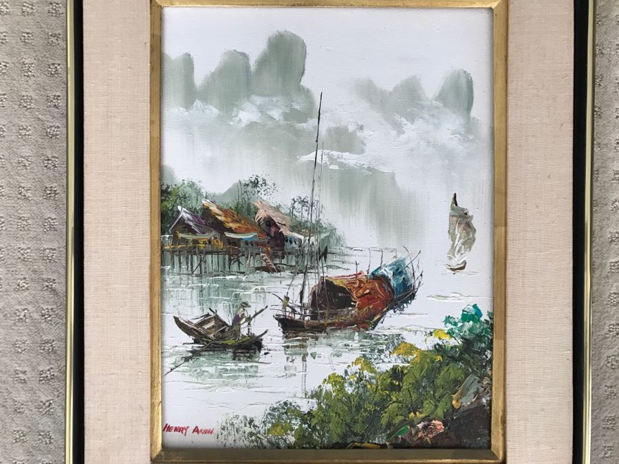 Original Oil Painting By Henry Anin Of Japanese Harbor Scene [Photo 3]