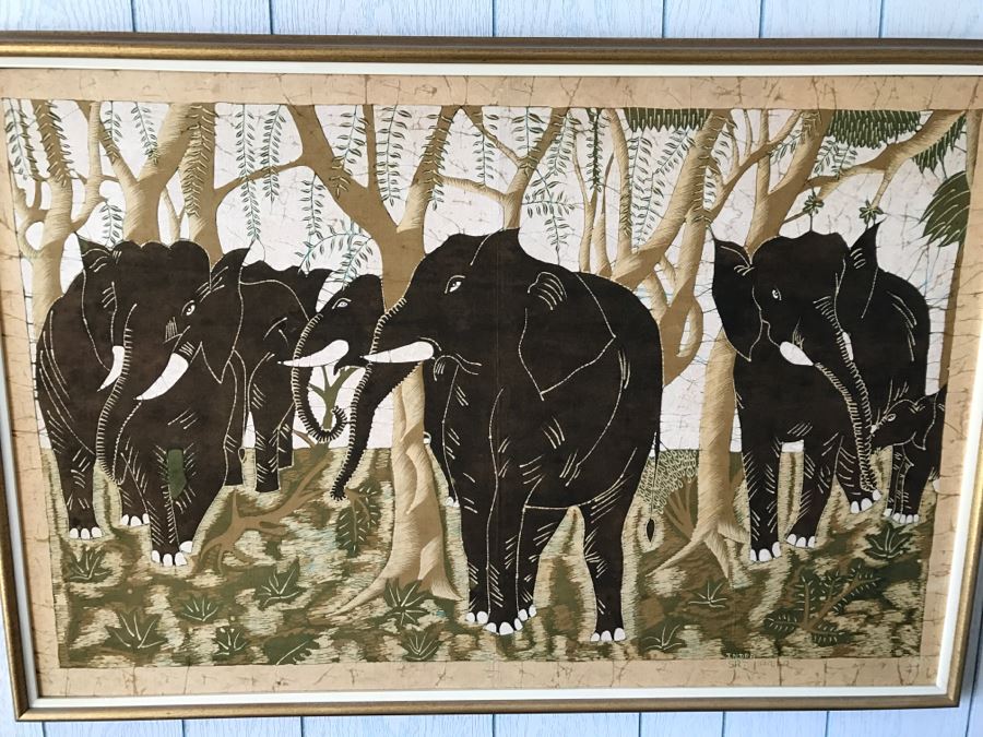 Batik Painting Of Elephant Herd Signed Indra Sri Lanka [Photo 5]