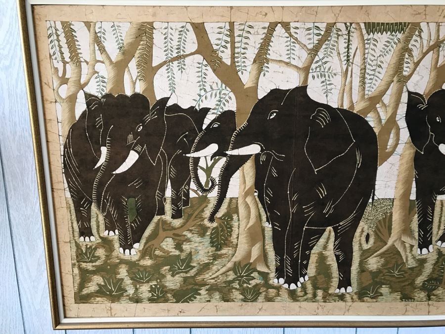 Batik Painting Of Elephant Herd Signed Indra Sri Lanka