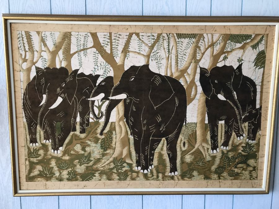Batik Painting Of Elephant Herd Signed Indra Sri Lanka