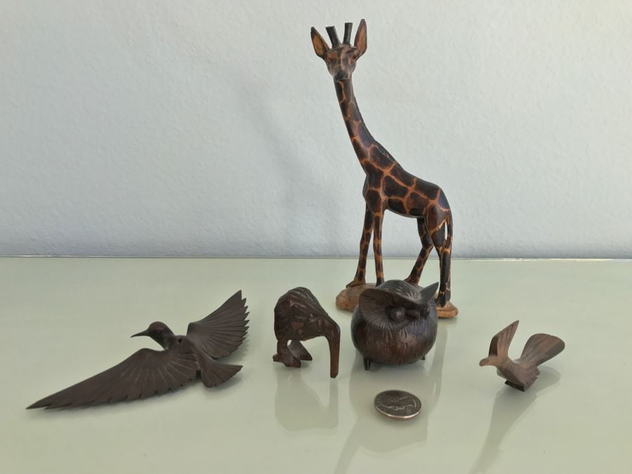 Collection Of Carved Wood Animals Including Giraffee And Owl