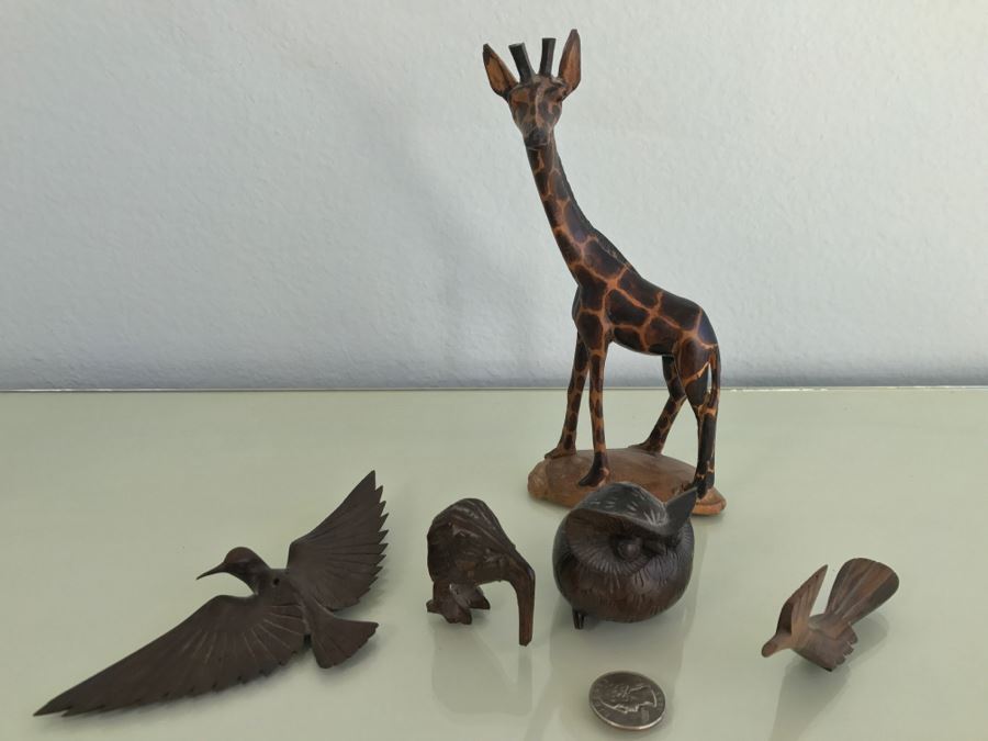 Collection Of Carved Wood Animals Including Giraffee And Owl [Photo 2]