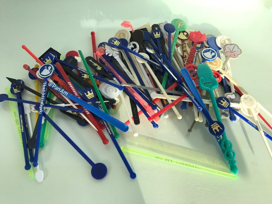 Large Collection Of Vintage Advertising Swizzle Sticks For Cocktails Including PanAm And Hotel Del Coronado [Photo 1]