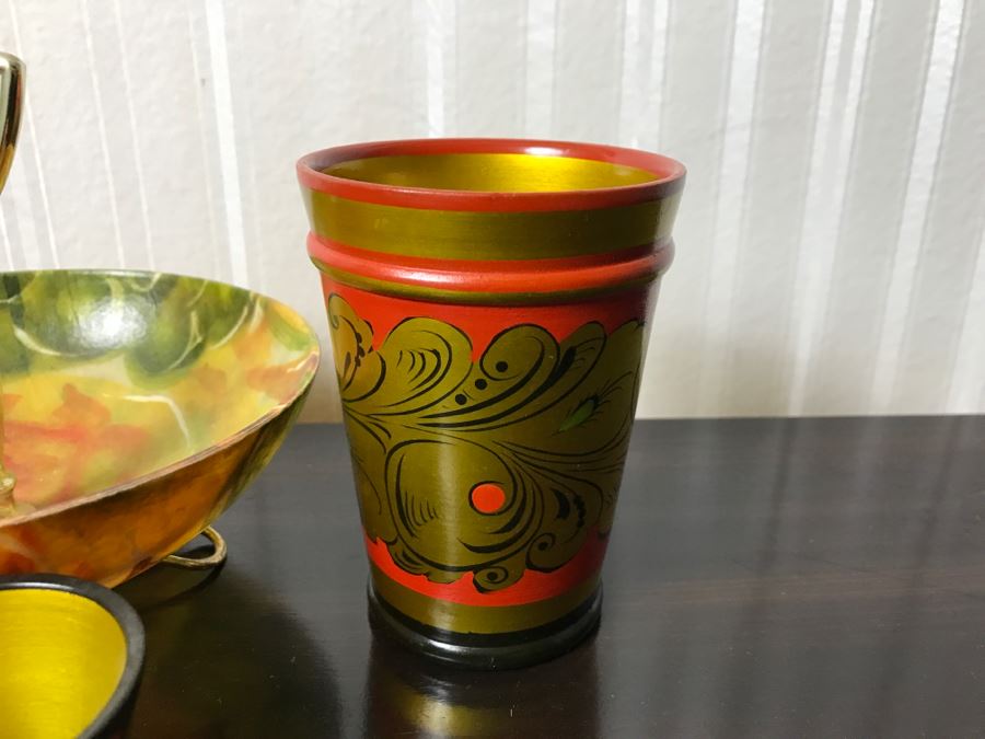 Carved Wooden Wine Stoppers, Vintage NOS Parker Flask, Wooden Russian Cups and Handled Dish [Photo 11]