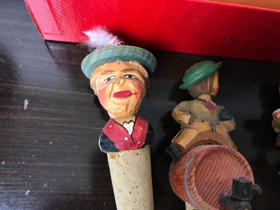 Carved Wooden Wine Stoppers, Vintage NOS Parker Flask, Wooden Russian Cups and Handled Dish [Photo 6]