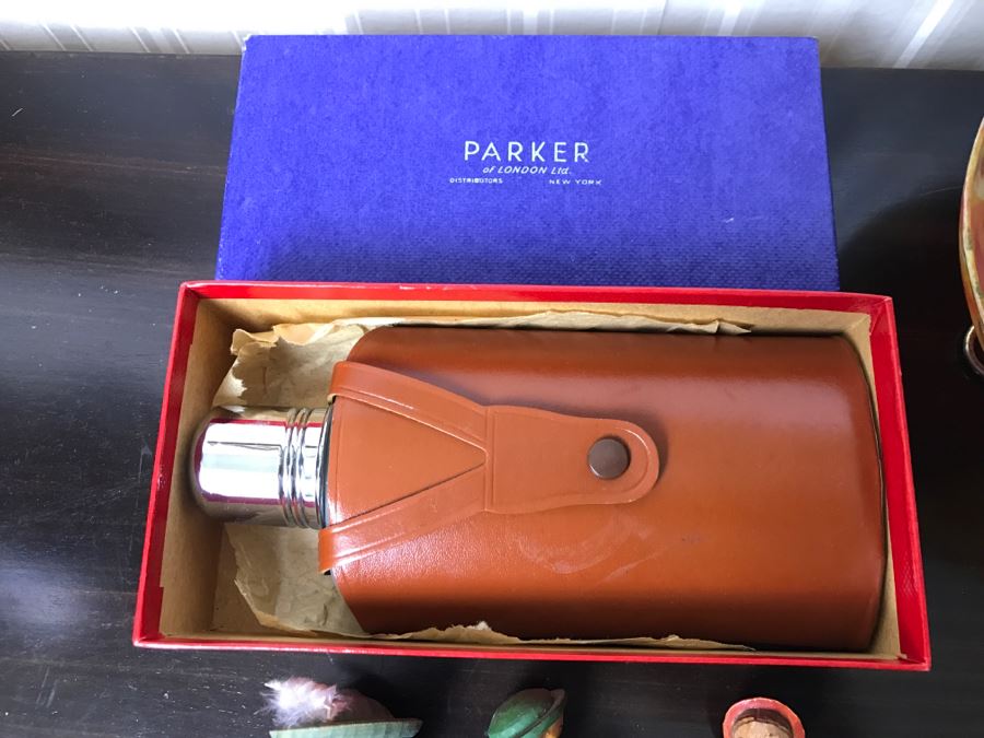 Carved Wooden Wine Stoppers, Vintage NOS Parker Flask, Wooden Russian Cups and Handled Dish [Photo 7]