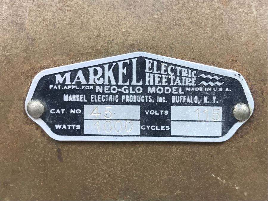 Art Nouveau Markel Electric Heetaire Heater Neo-Glo Model Cat No 45 Working Buffalo, NY [Photo 2]