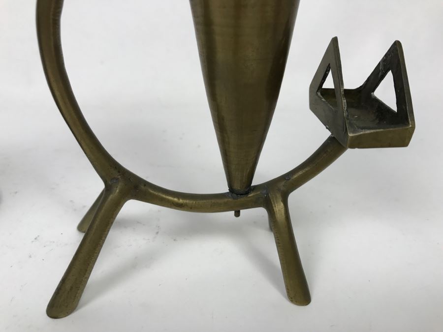 Pair Of Brass Peacock Bookends And Cat Motif Candle Holder [Photo 11]