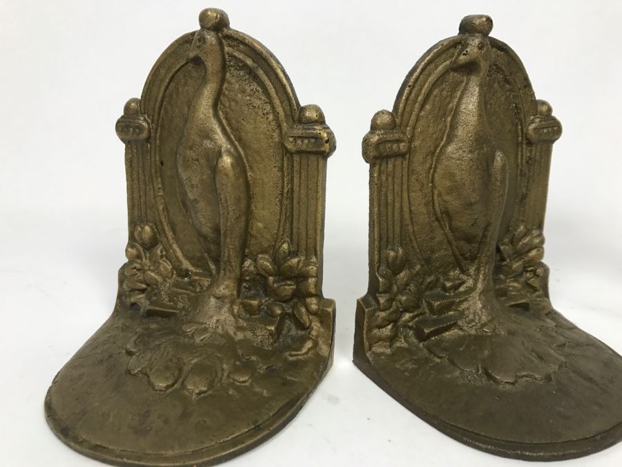 Pair Of Brass Peacock Bookends And Cat Motif Candle Holder [Photo 3]