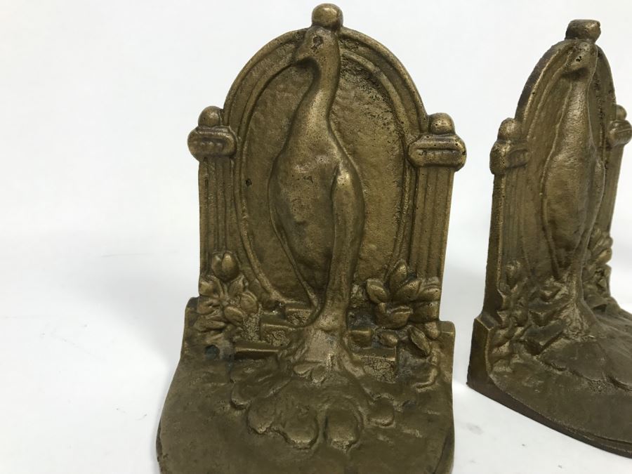 Pair Of Brass Peacock Bookends And Cat Motif Candle Holder [Photo 4]