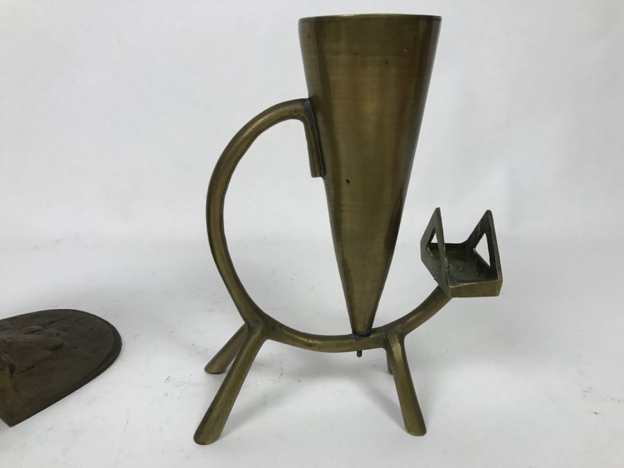 Pair Of Brass Peacock Bookends And Cat Motif Candle Holder [Photo 9]