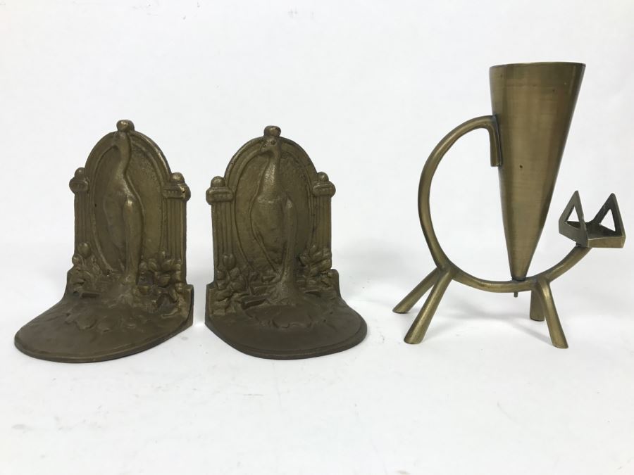 Pair Of Brass Peacock Bookends And Cat Motif Candle Holder