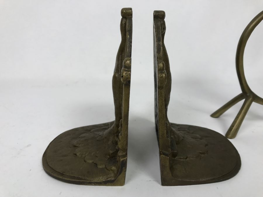 Pair Of Brass Peacock Bookends And Cat Motif Candle Holder [Photo 8]