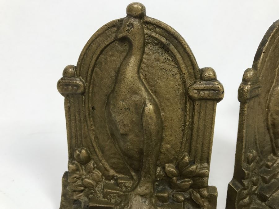 Pair Of Brass Peacock Bookends And Cat Motif Candle Holder [Photo 6]