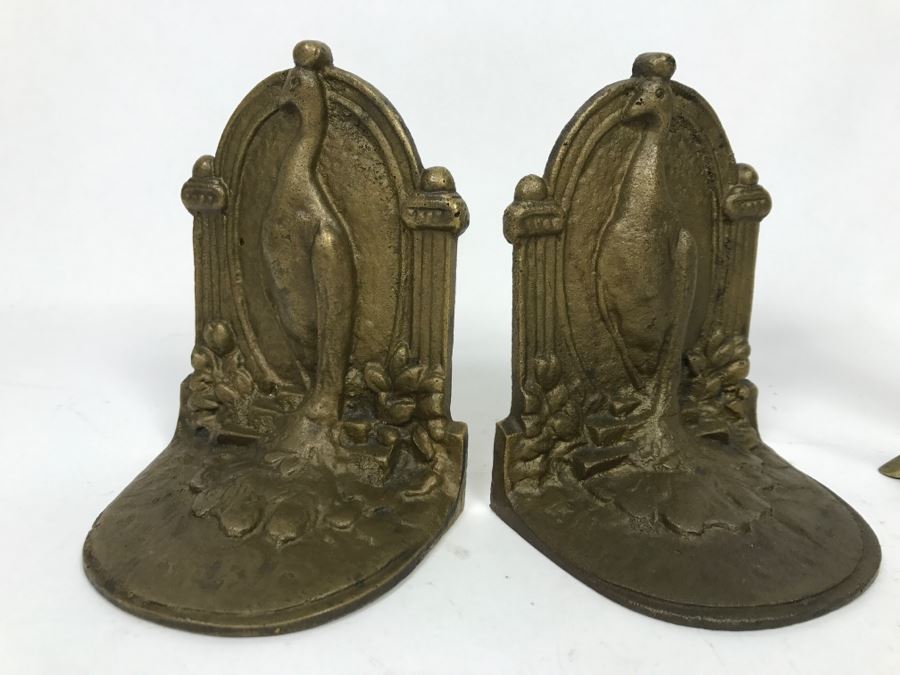 Pair Of Brass Peacock Bookends And Cat Motif Candle Holder [Photo 2]