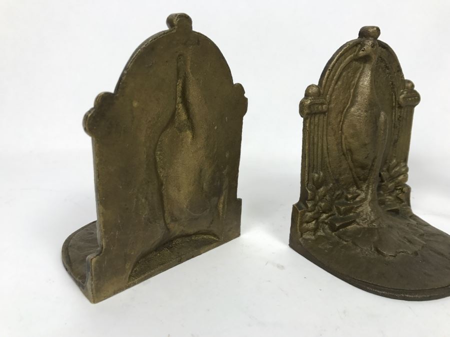 Pair Of Brass Peacock Bookends And Cat Motif Candle Holder [Photo 7]