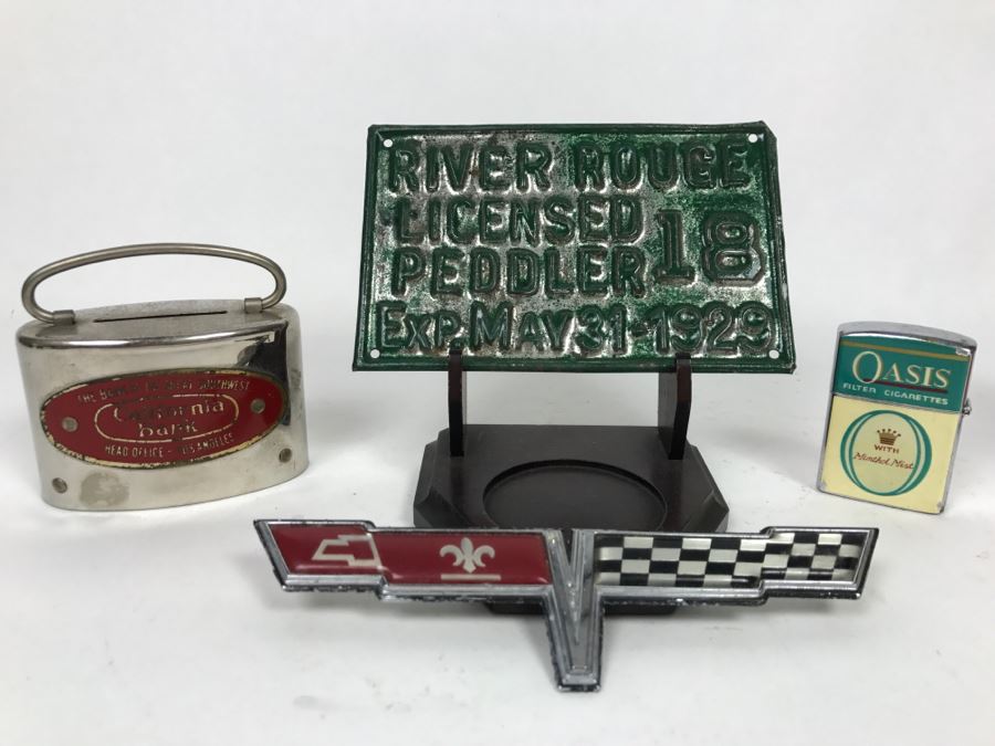 Vintage Metal Advertising California Bank, River Rouge Licensed Peddler 1929 License Plate, Vintage Oasis Filter Cigarette Lighter And Chevy Car Grille Emblem [Photo 4]