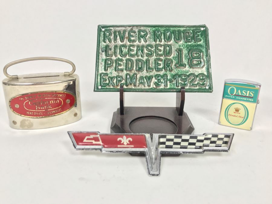 Vintage Metal Advertising California Bank, River Rouge Licensed Peddler 1929 License Plate, Vintage Oasis Filter Cigarette Lighter And Chevy Car Grille Emblem