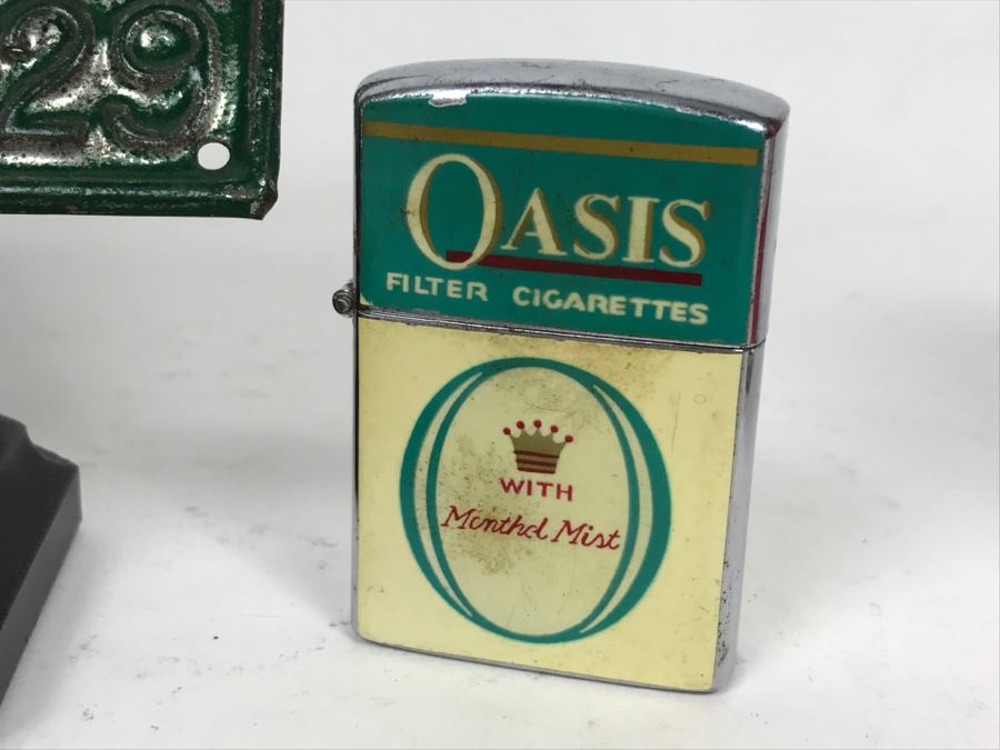 Vintage Metal Advertising California Bank, River Rouge Licensed Peddler 1929 License Plate, Vintage Oasis Filter Cigarette Lighter And Chevy Car Grille Emblem [Photo 8]