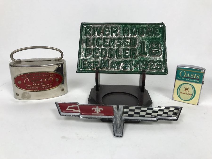 Vintage Metal Advertising California Bank, River Rouge Licensed Peddler 1929 License Plate, Vintage Oasis Filter Cigarette Lighter And Chevy Car Grille Emblem [Photo 5]