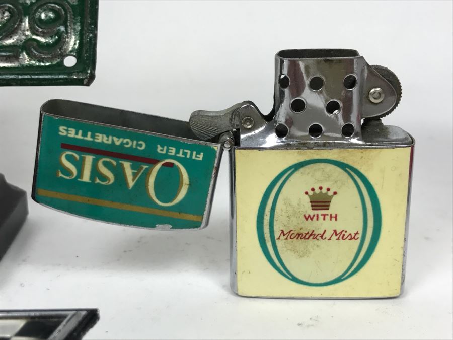 Vintage Metal Advertising California Bank, River Rouge Licensed Peddler 1929 License Plate, Vintage Oasis Filter Cigarette Lighter And Chevy Car Grille Emblem [Photo 9]