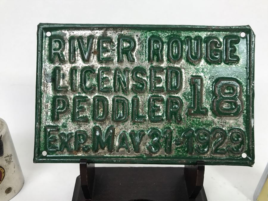 Vintage Metal Advertising California Bank, River Rouge Licensed Peddler 1929 License Plate, Vintage Oasis Filter Cigarette Lighter And Chevy Car Grille Emblem [Photo 6]