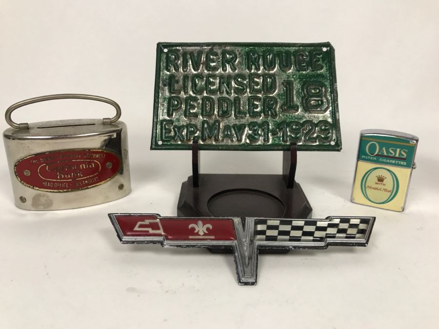 Vintage Metal Advertising California Bank, River Rouge Licensed Peddler 1929 License Plate, Vintage Oasis Filter Cigarette Lighter And Chevy Car Grille Emblem [Photo 2]
