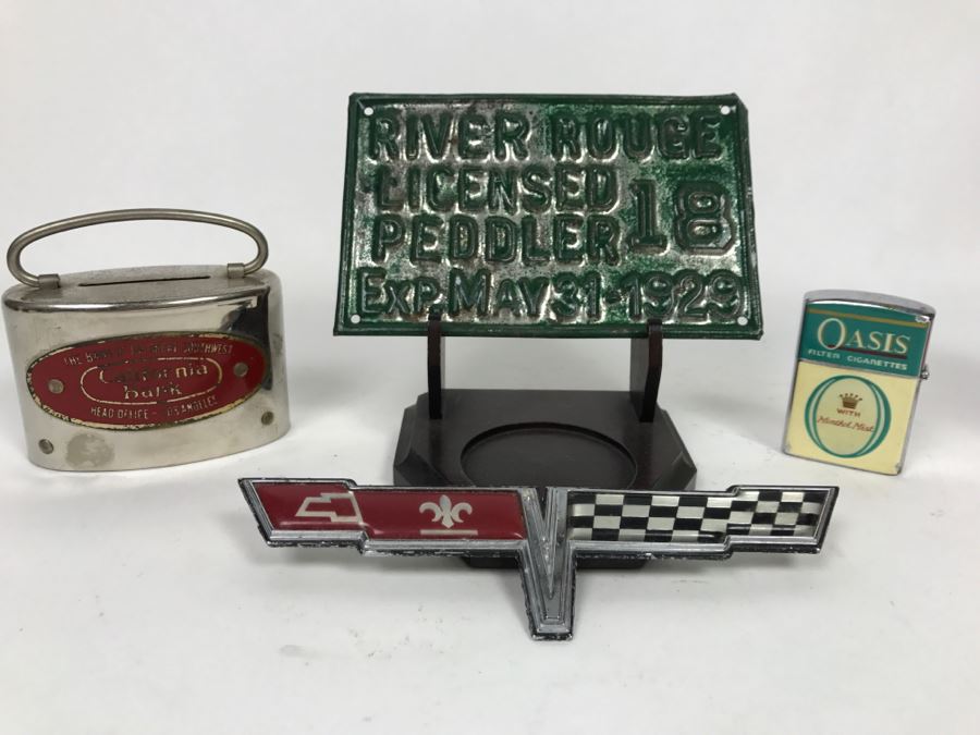 Vintage Metal Advertising California Bank, River Rouge Licensed Peddler 1929 License Plate, Vintage Oasis Filter Cigarette Lighter And Chevy Car Grille Emblem [Photo 3]