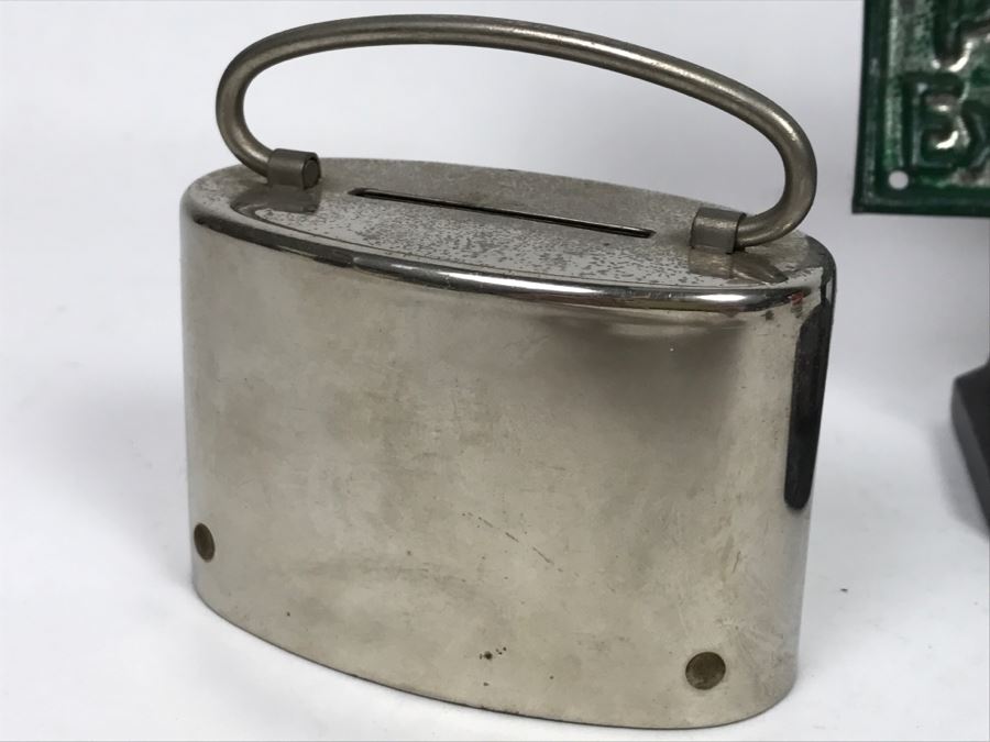 Vintage Metal Advertising California Bank, River Rouge Licensed Peddler 1929 License Plate, Vintage Oasis Filter Cigarette Lighter And Chevy Car Grille Emblem [Photo 16]