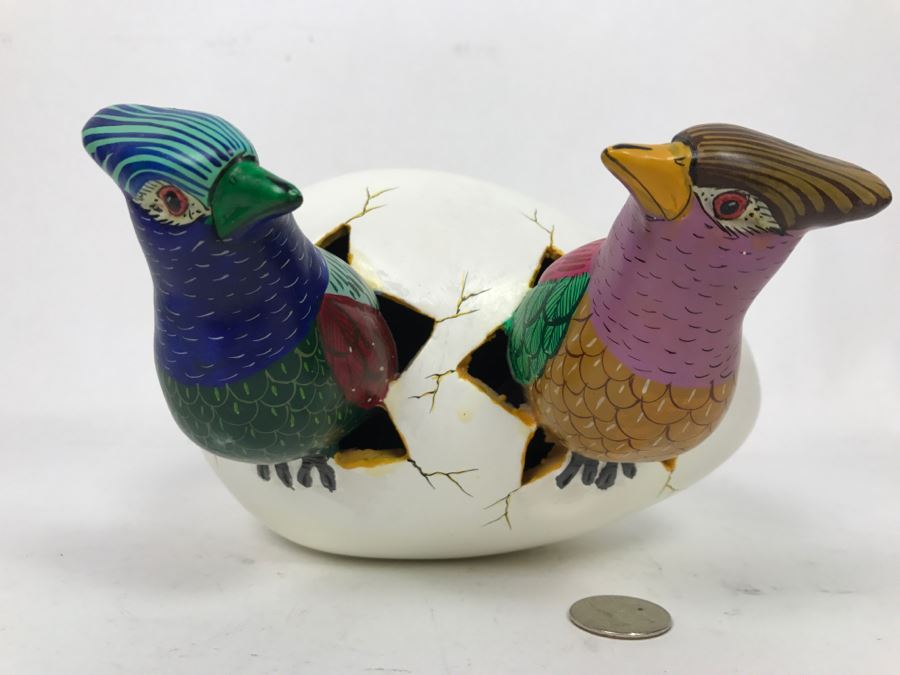 Large Hand Painted Pair Of Birds Hatching From Egg Figurine From Mexico Signed S. Chavez [Photo 4]