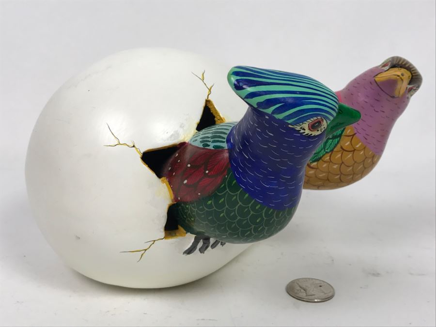 Large Hand Painted Pair Of Birds Hatching From Egg Figurine From Mexico Signed S. Chavez [Photo 2]