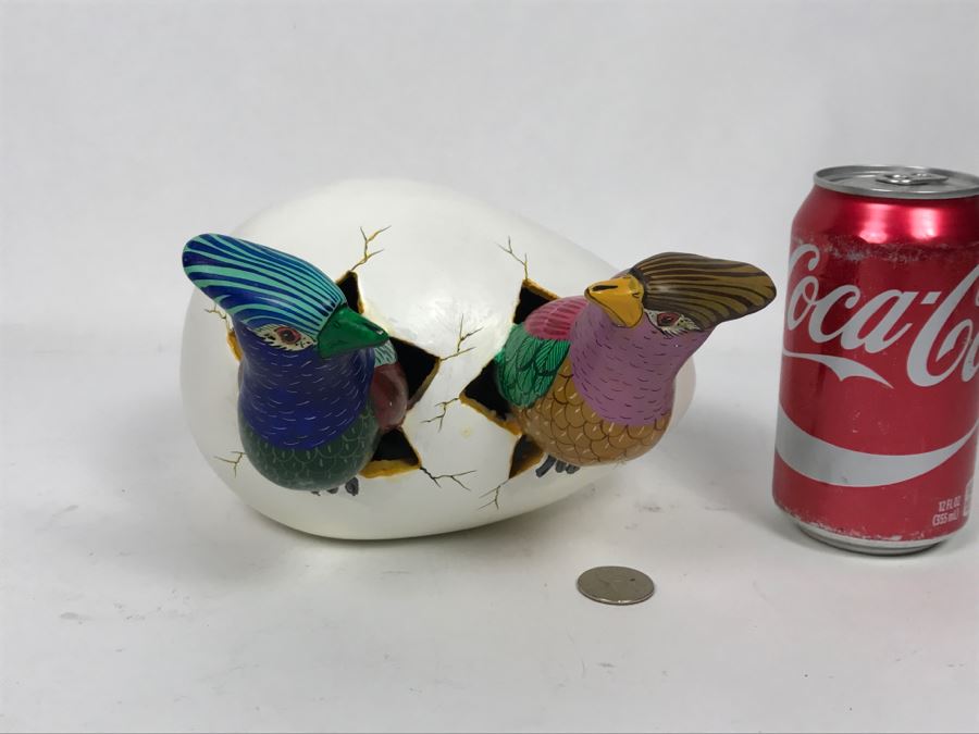 Large Hand Painted Pair Of Birds Hatching From Egg Figurine From Mexico Signed S. Chavez [Photo 12]