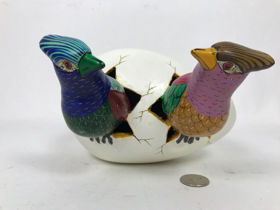 Large Hand Painted Pair Of Birds Hatching From Egg Figurine From Mexico Signed S. Chavez