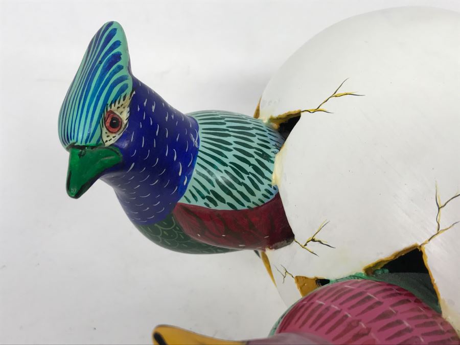 Large Hand Painted Pair Of Birds Hatching From Egg Figurine From Mexico Signed S. Chavez [Photo 9]