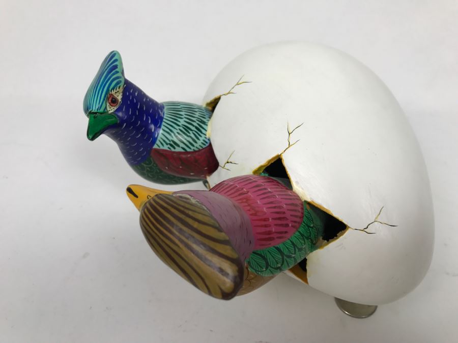 Large Hand Painted Pair Of Birds Hatching From Egg Figurine From Mexico Signed S. Chavez [Photo 7]