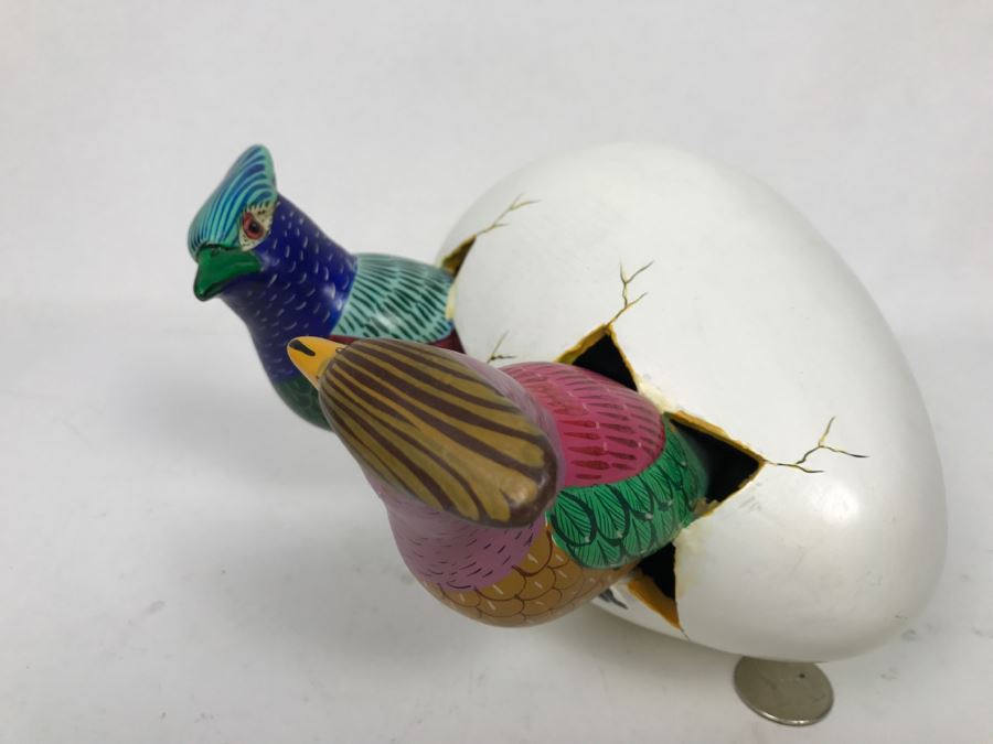Large Hand Painted Pair Of Birds Hatching From Egg Figurine From Mexico Signed S. Chavez [Photo 6]