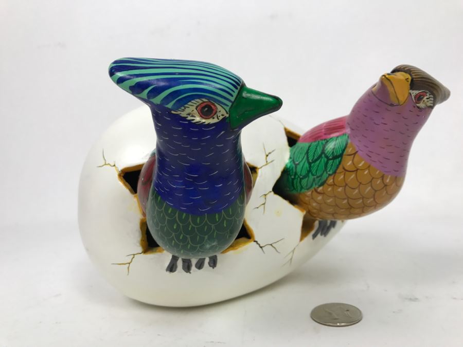 Large Hand Painted Pair Of Birds Hatching From Egg Figurine From Mexico Signed S. Chavez [Photo 3]